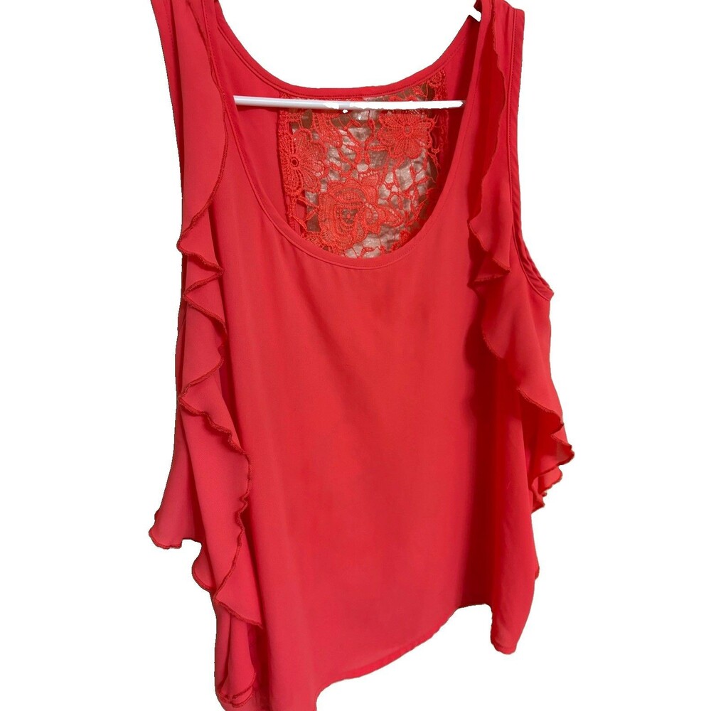 Coral Pink Chiffon Tank Top Ruffle Sides Floral Crochet Lace Back Size L